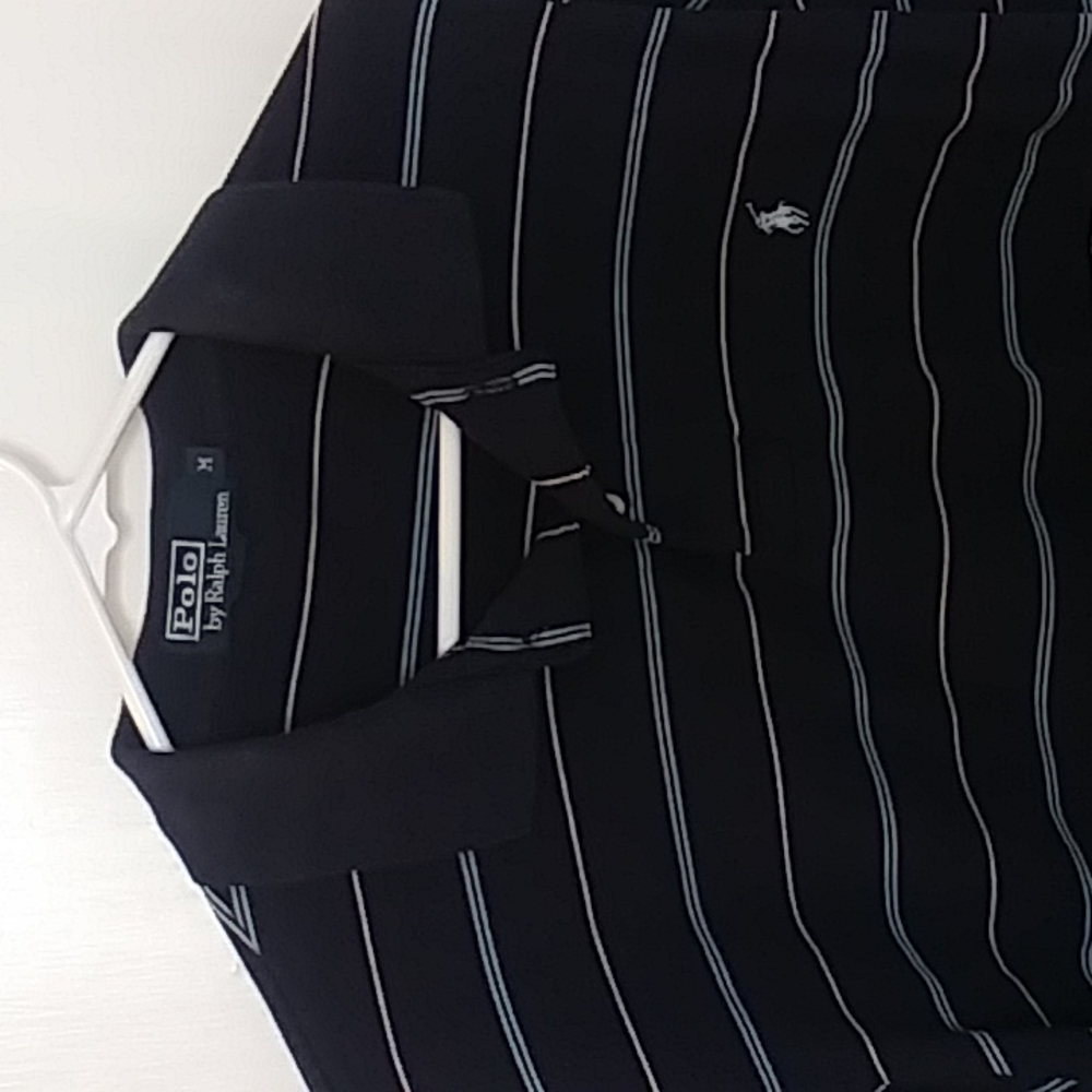 Mens medium Ralph Lauren navy blue an light blue striped collard polo